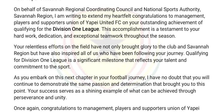 Sports: National Sports Authority congratulates Yapei fc on qualification to the division one league